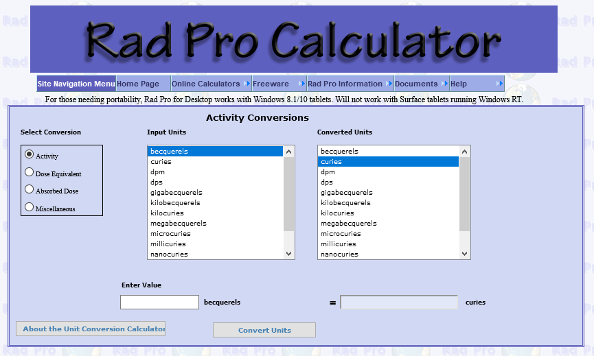 Rad Pro Calculator Conversions